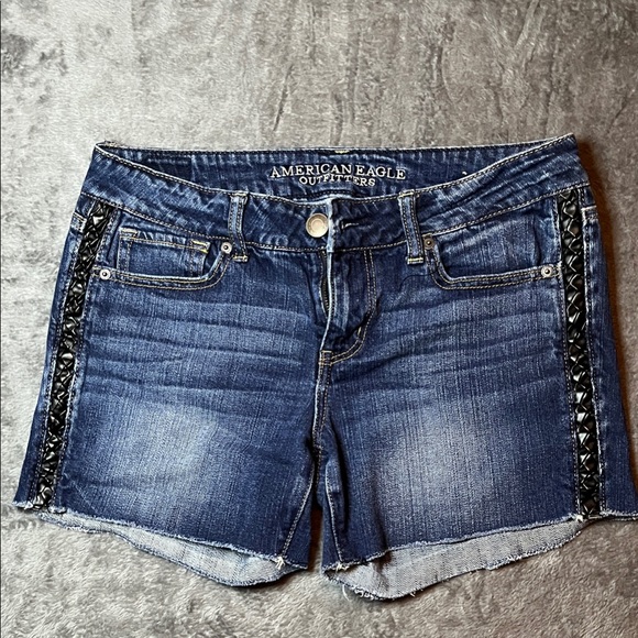 American Eagle Outfitters Pants - American Eagle Outfitters Dark Blue Denim Shorts with Black Lace Side Trim